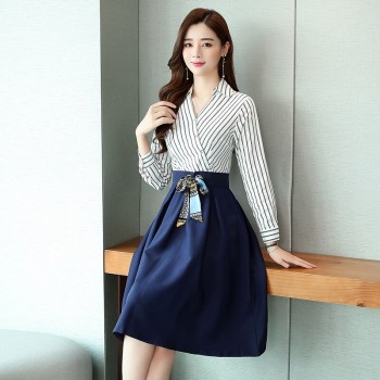 Autumn Winter Striped Shirt Dress Women Long Sleeve V-Neck Office Ladies Work Dress Elegant Knee-Length Midi Dress